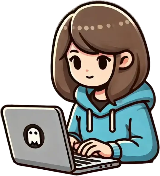 A cartoon illustration of a female developer with a friendly smile, coding in front of a computer screen representing Jane Doe